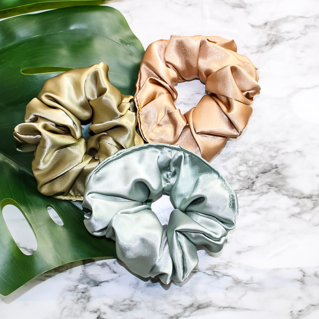 Three Luxurious Satin Scrunchies - Olive