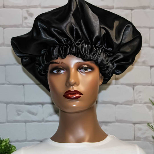 Black Double Layer Satin Hair Bonnet - RHE