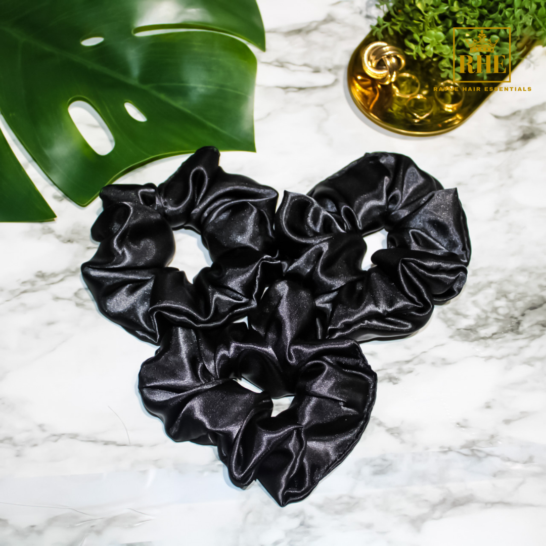 Three Luxurious Satin Scrunchies - Black - RHE