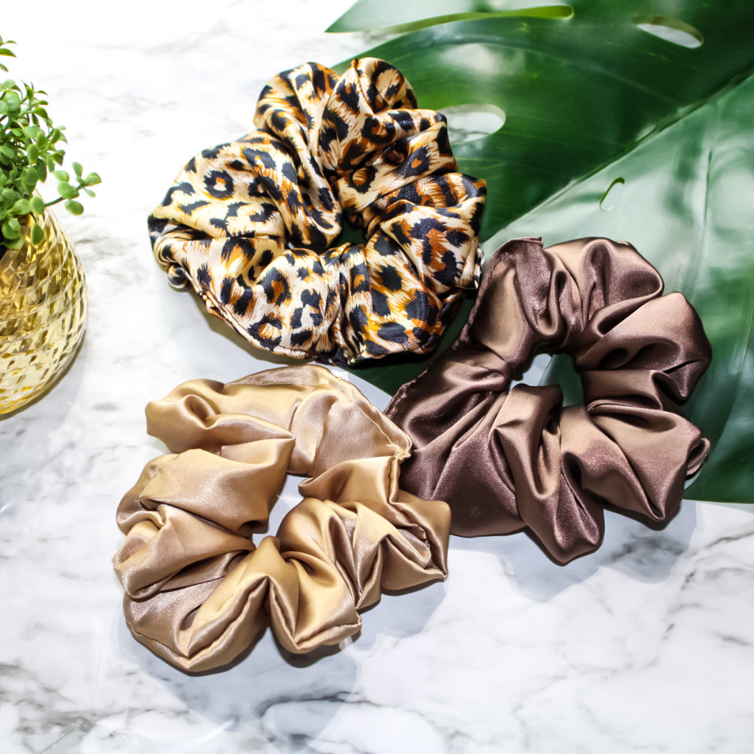 Three Luxurious Satin Scrunchies -Leopard - RHE