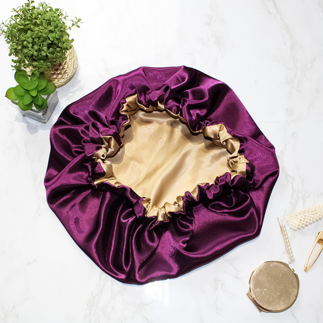 Two-Toned Purple and Gold Satin Hair Bonnet - RHE