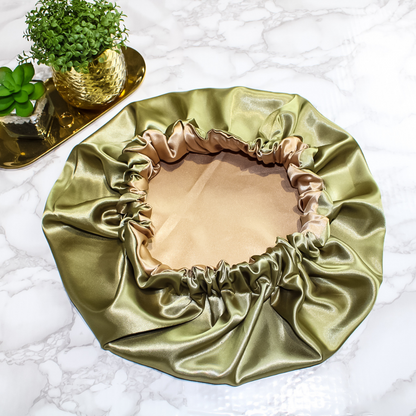 Satin Hair Bonnet | Two-Toned Double Layered | Olive