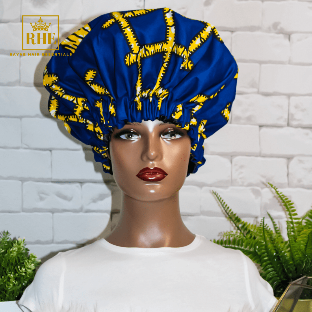 Royal Blue African Print Satin Lined Hair Bonnet - RHE