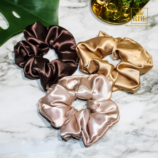 Three Luxurious Satin Scrunchies - Nude Latte - RHE